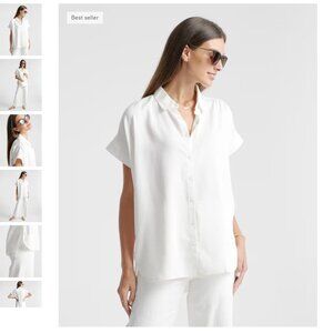 Quince White Vintage Wash Tencel Camp Button Down Cap Sleeve Long Shirt - Small